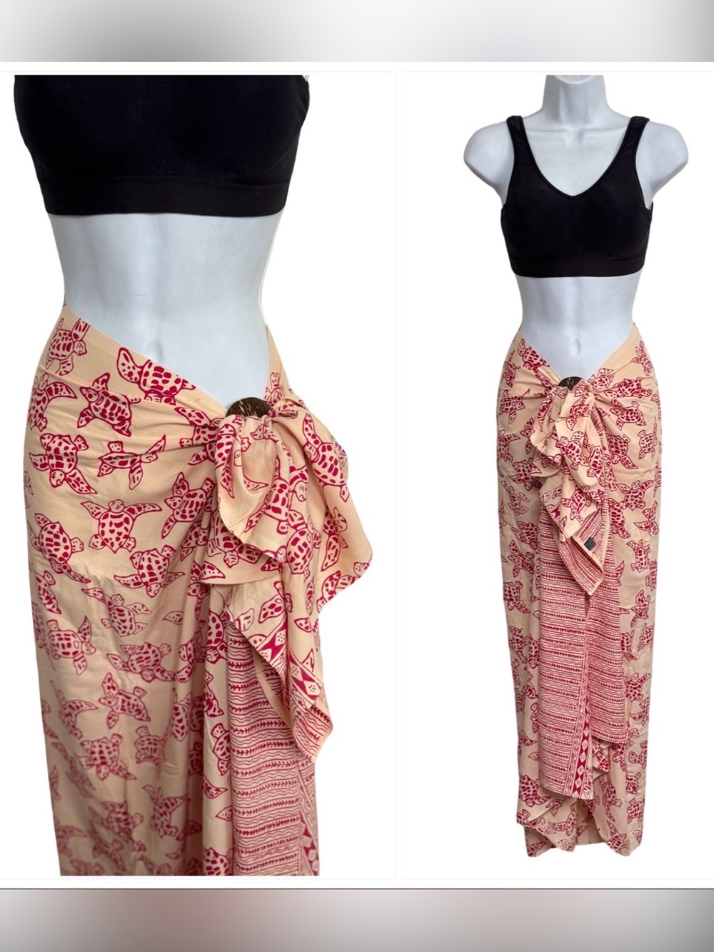 Cream and Red Turtle-Print Tie Sarong Wrap NEW